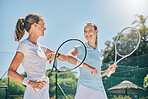 Tennis, women and sports elbow greeting outdoor on court for fitness exercise and training for competition. Happy friends team at club for game, workout and performance for wellness with motivation