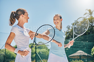 Buy stock photo Tennis, women and sports elbow greeting outdoor on court for fitness exercise and training for competition. Happy friends team at club for game, workout and performance for wellness with motivation