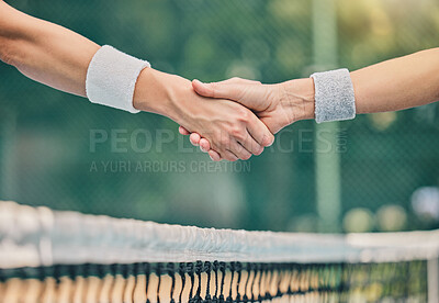 Buy stock photo Hand, tennis and handshake for partnership, trust or greeting in sportsmanship over net on the court. Players shaking hands before sports game, match or unity for deal or agreement in solidarity