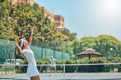 Buy stock photo Tennis court, woman and serving for sports competition outdoor for fitness, exercise and training. Healthy people at club for game, workout and performance for health and wellness with summer cardio