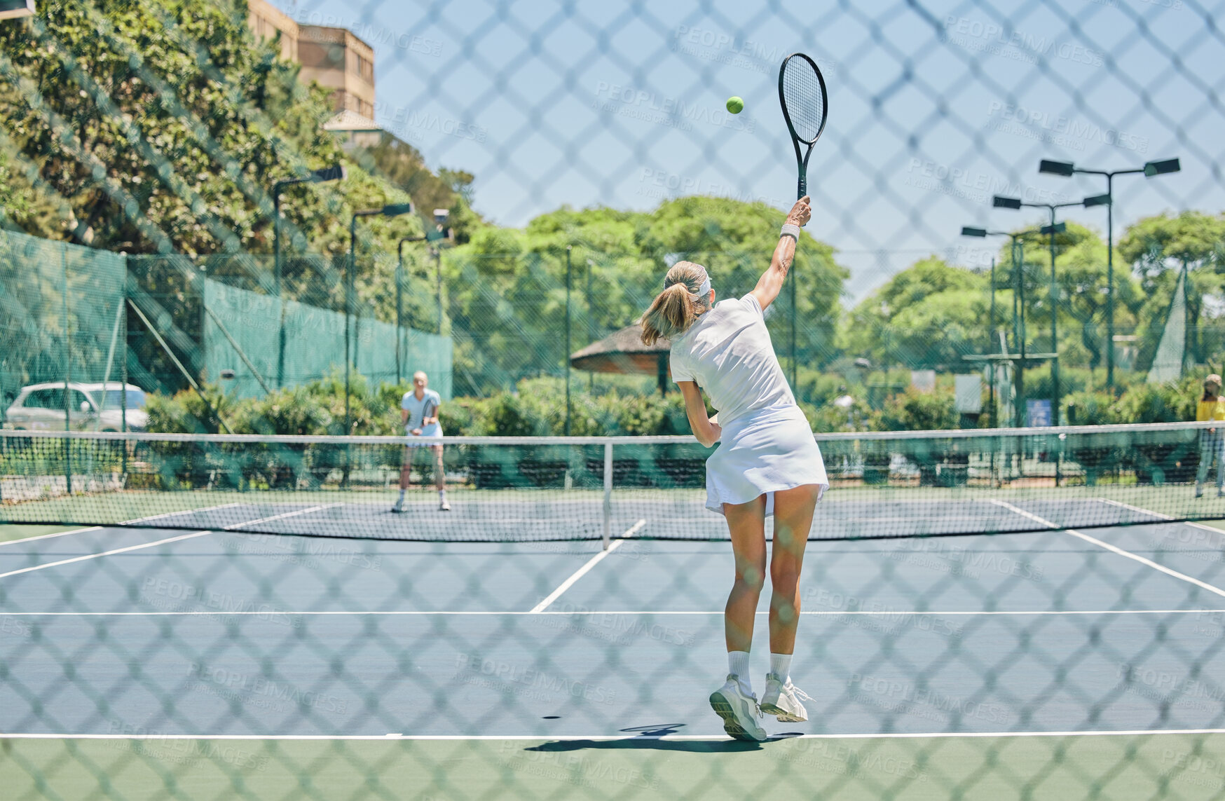 Buy stock photo Tennis, sports and woman on outdoor court, fitness motivation and competition with athlete training for game. Workout, healthy and player on court, active with sport and exercise with action on turf