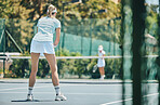 Woman, tennis court and sports match outdoor for fitness, exercise and training for competition. Healthy people at club for game, workout and performance for wellness mockup with summer cardio