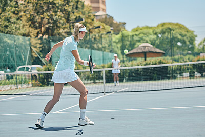 Buy stock photo Tennis, women and sports match on outdoor court for fitness, exercise and training for competition. Healthy people at club for game, workout and performance for health and wellness with summer cardio