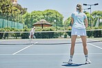 Sports, tennis court and woman outdoor for fitness, exercise and training for competition. Healthy people at club for mockup game, workout and performance for health and wellness with cardio game