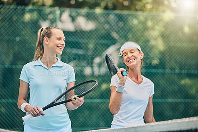 Buy stock photo Tennis, women friends and sports on outdoor court for fitness, exercise and training. Healthy people or team talking at club about game, workout and performance for health and wellness with cardio