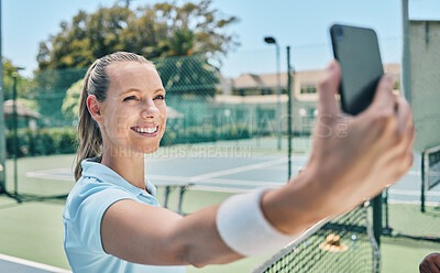 Buy stock photo Woman, tennis and selfie at court during training, fitness and morning routine outdoors. Sports, girl and smartphone photo before match, performance or exercise, workout and smile for profile picture