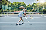 Sports, tennis and women playing a match for workout, fun or training on an outdoor court. Fitness, athletes and healthy girls practicing or doing a exercise for a game or competition at a stadium. 