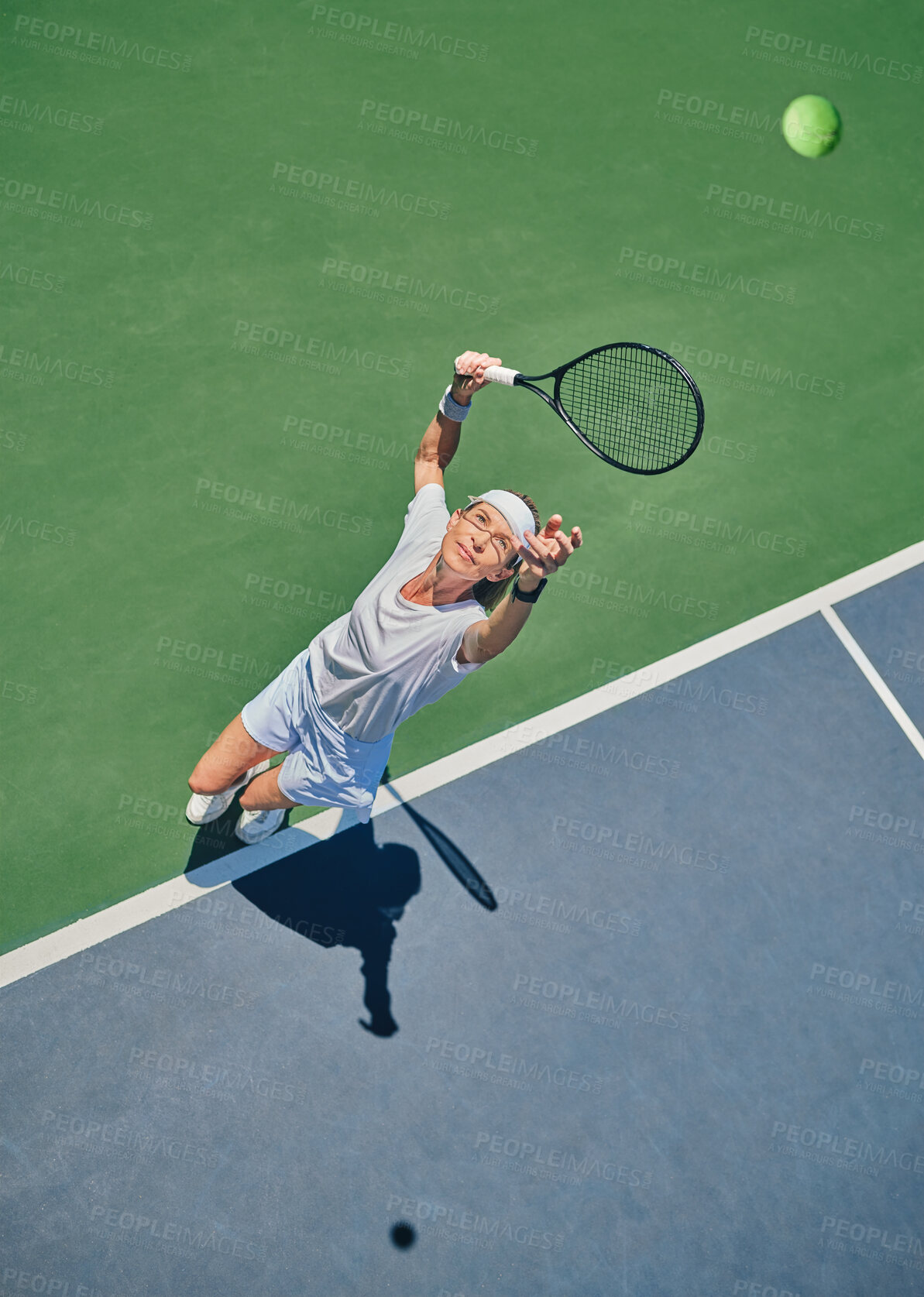 Buy stock photo Tennis serve, sport and woman on outdoor court, fitness motivation and competition with athlete training for game. Workout, healthy and player on turf, active with exercise and sports action top view