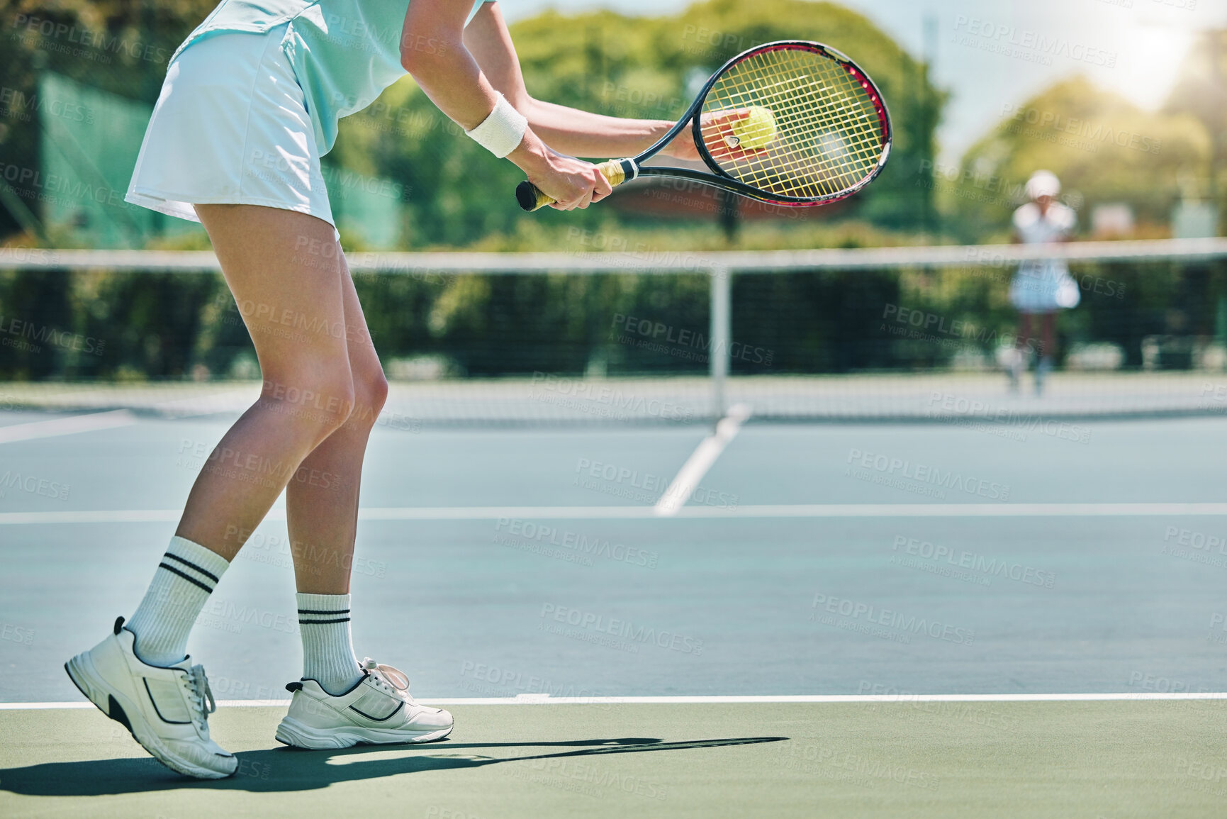 Buy stock photo Tennis serve, sports and woman with legs on outdoor court, fitness motivation and competition with athlete training. Workout, healthy and player on turf, active with sport and exercise with action