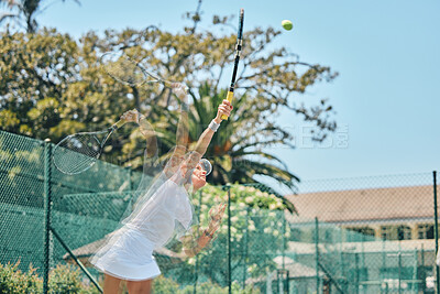 Buy stock photo Tennis court, woman and sports outdoor for fitness, exercise and training with action overlay. Model person at club for performance, workout and energy for competition or game for health and wellness