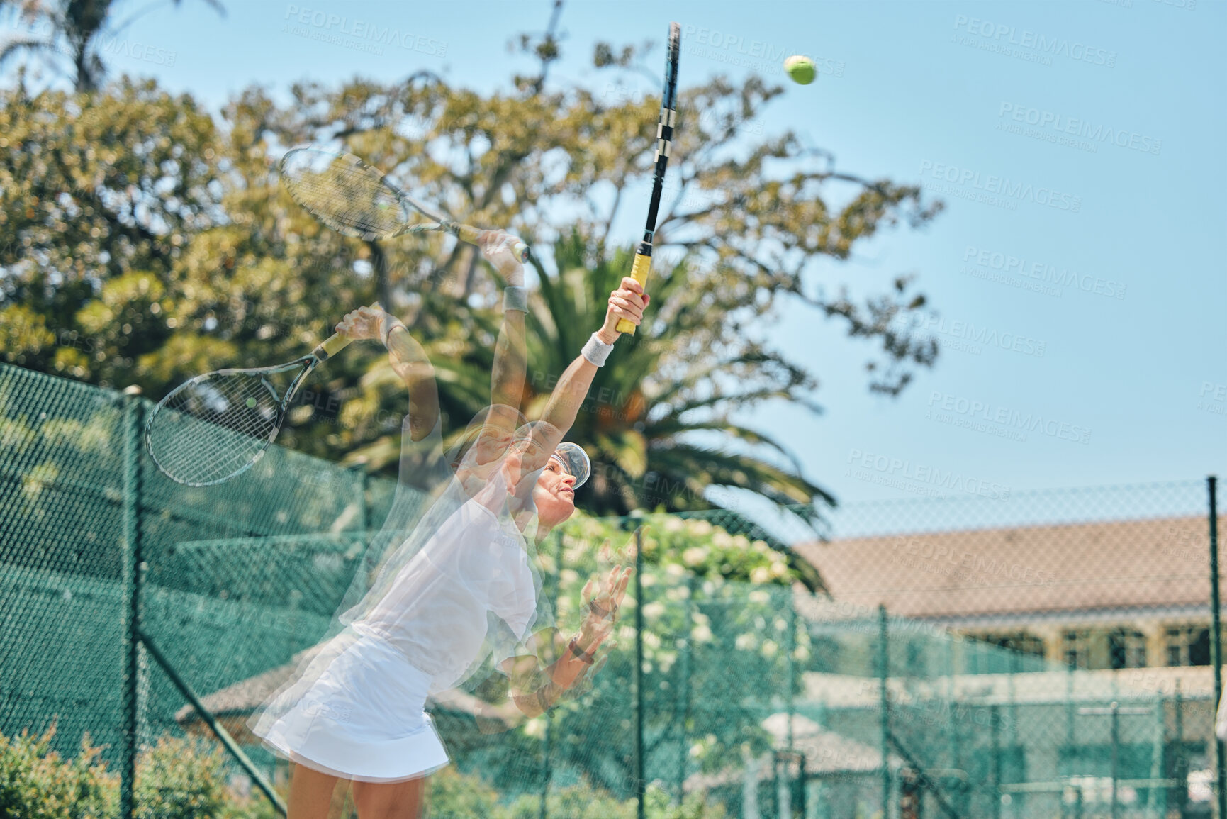 Buy stock photo Tennis court, woman and sports outdoor for fitness, exercise and training with action overlay. Model person at club for performance, workout and energy for competition or game for health and wellness