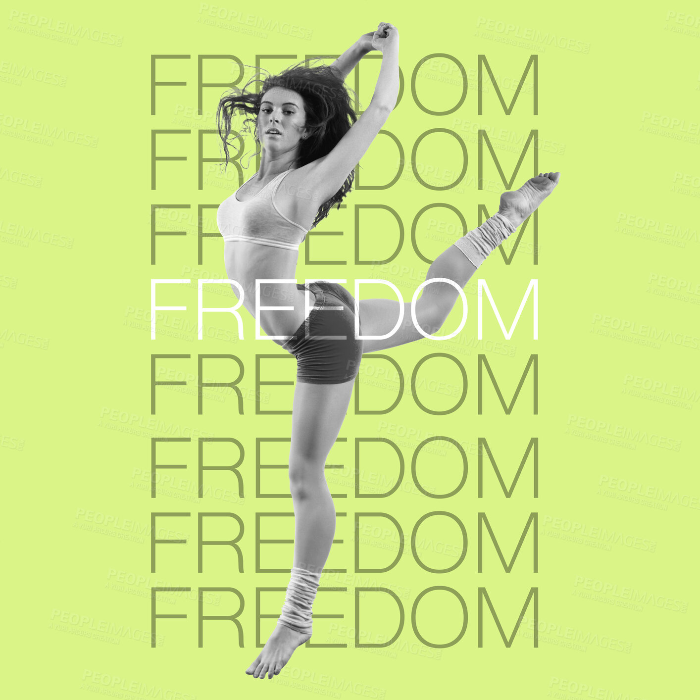 Buy stock photo Woman, dancing and freedom, words and motivation overlay, fitness and dancer jump on inspirational poster on green background. Energy, free and dance, portrait and action with workout and text