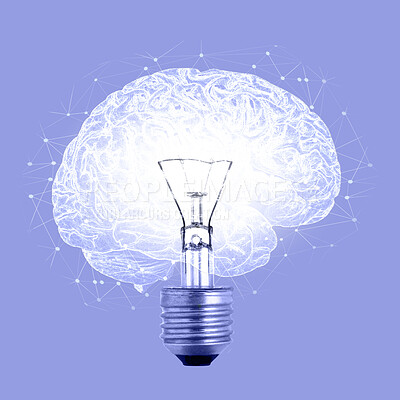 Buy stock photo Lightbulb brain abstract, idea and thinking for creative innovation, strategy and solution with vision. Mindset, mind power and neurological science for natural energy network, brainstorming or ideas
