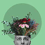Mental health, flowers and head with a man in studio on a green background for freedom of expression. Abstract, nature and brain growth with a male posing for art, idea or creative thinking