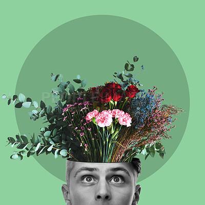 Buy stock photo Mental health, flowers and head with a man in studio on a green background for freedom of expression. Abstract, nature and brain growth with a male posing for art, idea or creative thinking