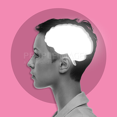 Buy stock photo Woman, brain abstract animation and thinking for creative innovation, strategy and solution with vision. Mindset, mind power and mental health for anxiety, depression or problem by pink background