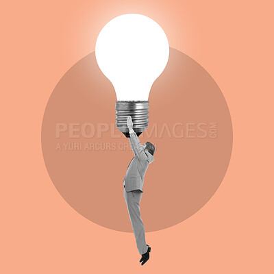 Buy stock photo Businessman, icon and hang on idea lightbulb for stress, tired or brainstorming for solution to falling stock market. Animation, ideas and knowledge in leadership, mission or goals at finance company