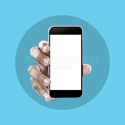 Buy stock photo Hands, phone and screen on mockup for marketing, advertising or branding logo against studio background. Hand of person holding smartphone with mock up display for social media or advertisement