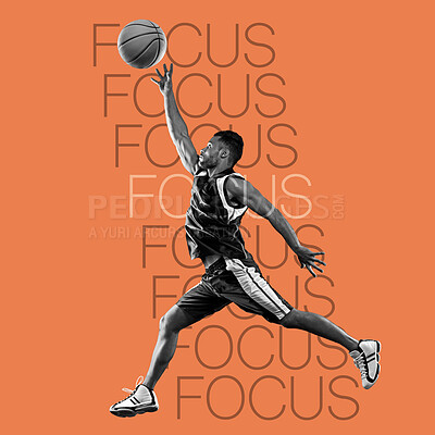 Buy stock photo Basketball, athlete man and words of motivation with focus, overlay with jump on inspirational poster on orange background. Fitness, energy and ball with training, workout with action and text