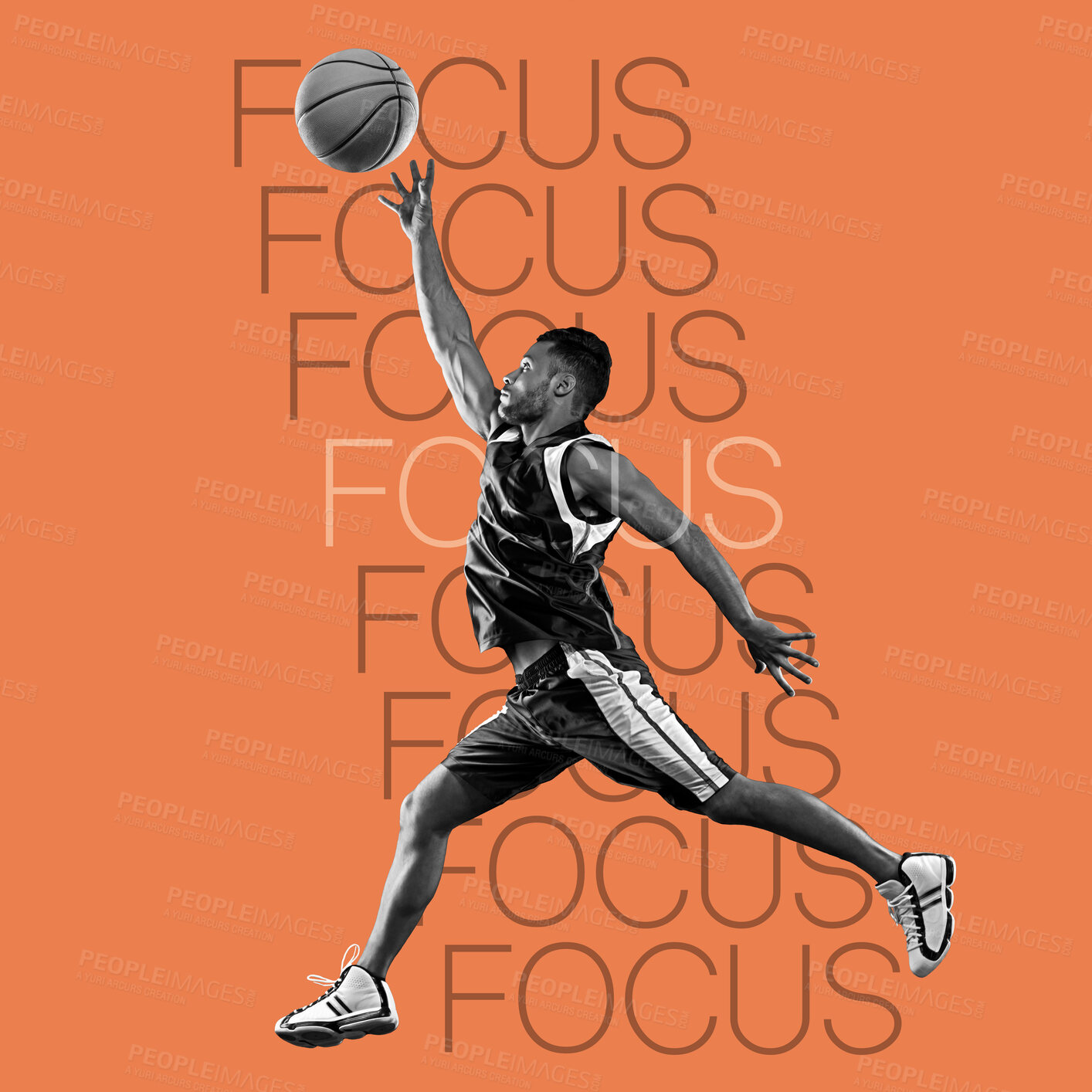Buy stock photo Basketball, athlete man and words of motivation with focus, overlay with jump on inspirational poster on orange background. Fitness, energy and ball with training, workout with action and text