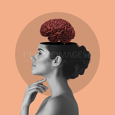 Buy stock photo Digital art, thinking and profile of woman brain on orange background with ideas, inspiration and innovation. Creative mind, psychology and face of girl for intelligence, brainstorming and knowledge
