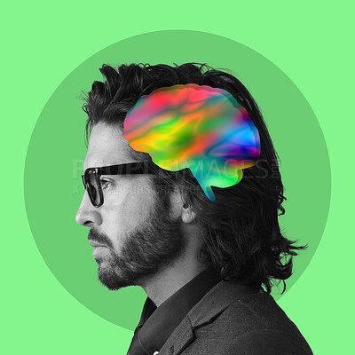 Buy stock photo Creative thinking, brain and face of man on green background with ideas, inspiration and innovation. Digital art, psychology mind and profile of male for intelligence, brainstorming and knowledge