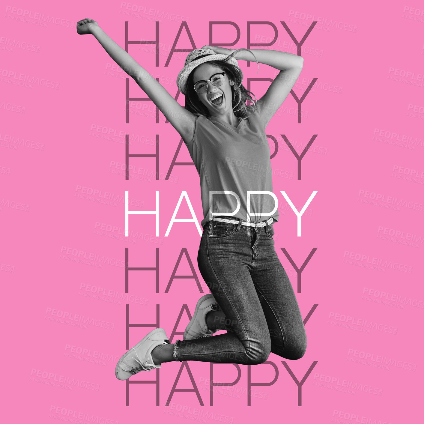 Buy stock photo Happy woman, jump and freedom with motivation words, overlay with carefree youth on inspirational poster on pink background. Energy, free and happiness, portrait and action with advice and text