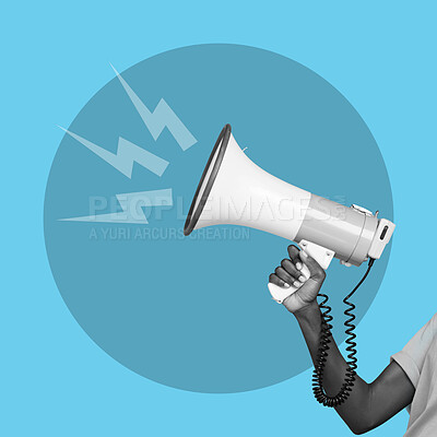 Buy stock photo Megaphone, hand and icon for protest, communication and change in world, community and blue background. Human rights speaker, equality and politics with animation overlay for justice, vote and voice