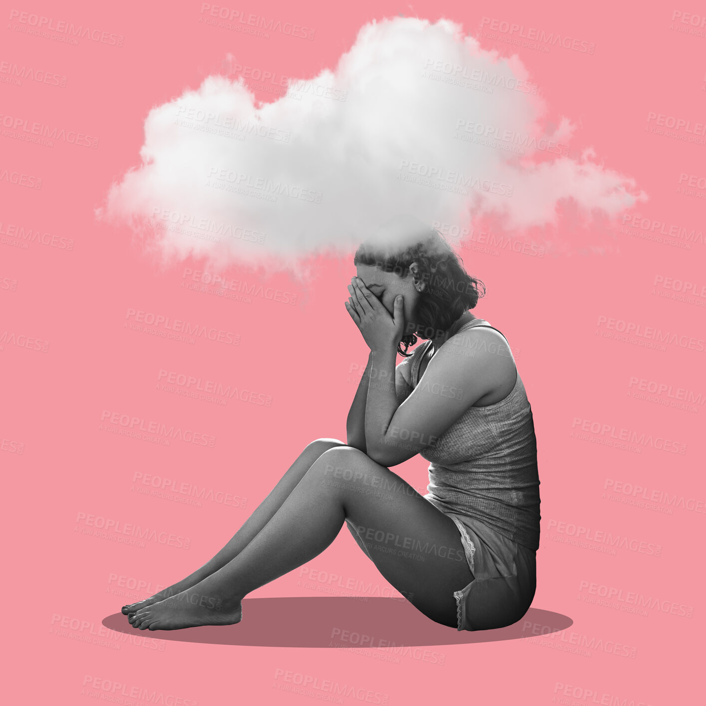 Buy stock photo Depression, cloud and art with woman on a studio floor for mental health, stress or anxiety on pink background. Decoration, illustration and sad, crying girl with mind, psychology and crisis isolated