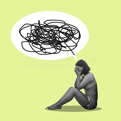 Buy stock photo Mental health, confusion and woman on floor, depression and emotional on studio background. Speech bubble of scribble, female and girl on ground, emotional or anxiety with thoughts, stress or anxious