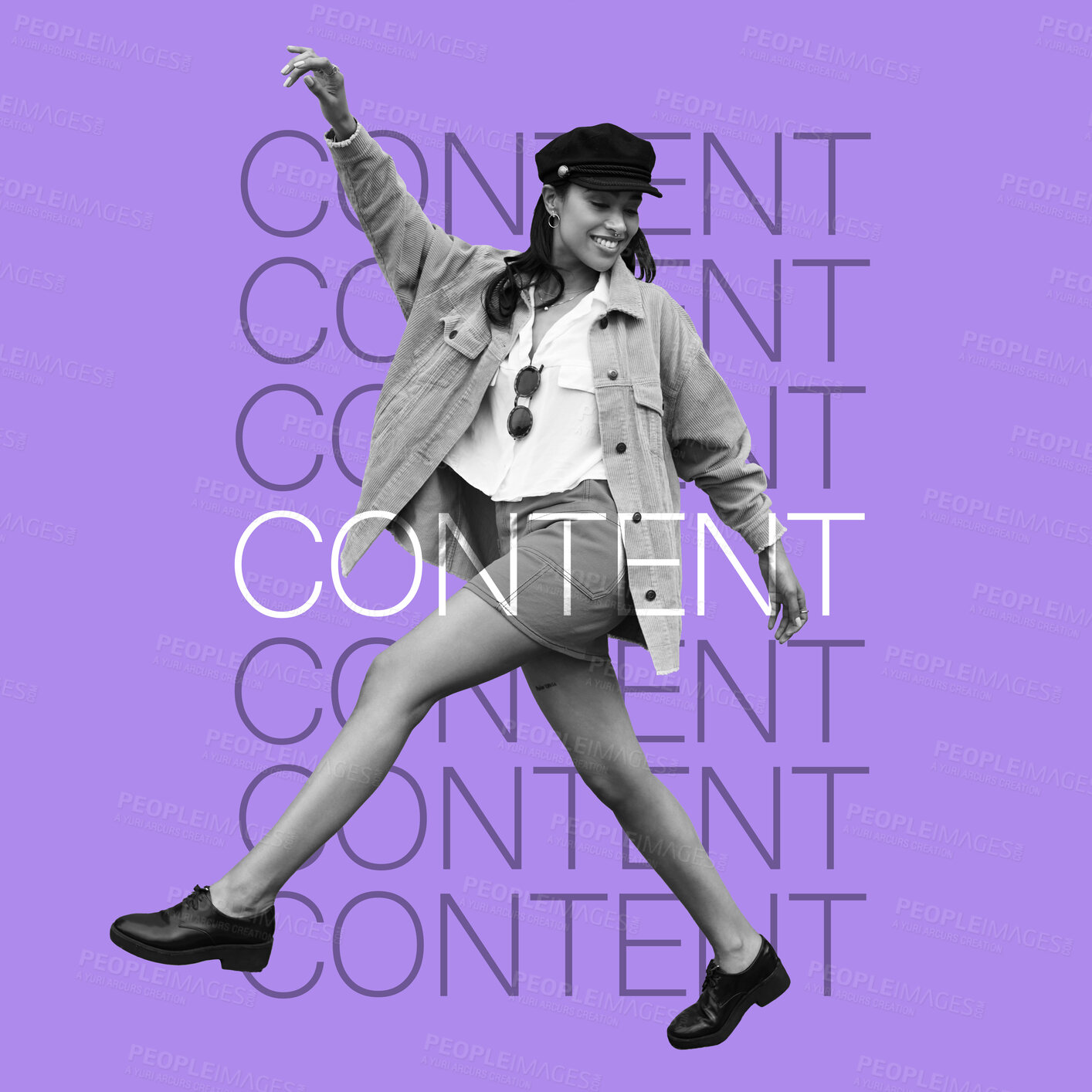 Buy stock photo Happy woman, fashion influencer and words of motivation, overlay and pose on inspirational poster on purple background. Energy, free and dancing, female is content with style and beauty with text