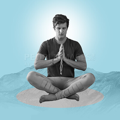 Buy stock photo Zen, meditation and man on poster, mountain on blue background and yoga pose in balance. Art, advertising and creative collage design for health, wellness and calm, spiritual lifestyle studio mock up