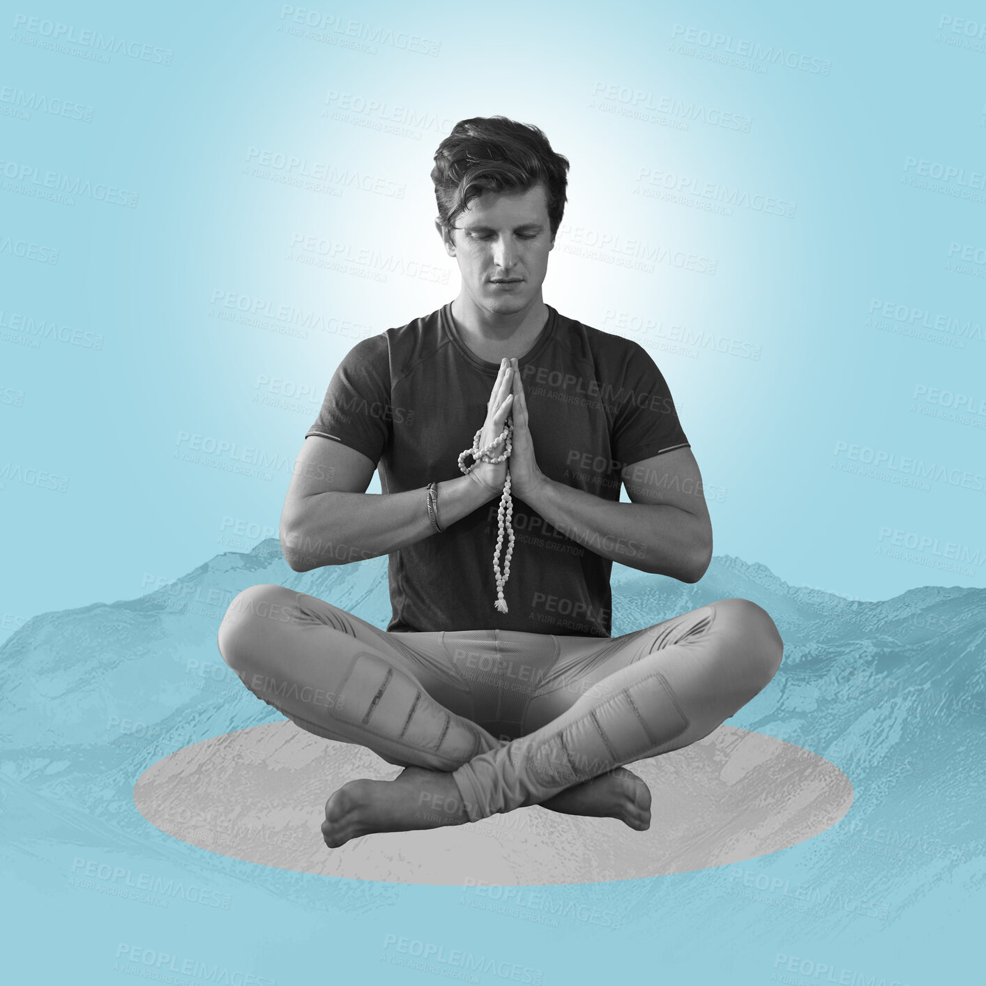 Buy stock photo Zen, meditation and man on poster, mountain on blue background and yoga pose in balance. Art, advertising and creative collage design for health, wellness and calm, spiritual lifestyle studio mock up