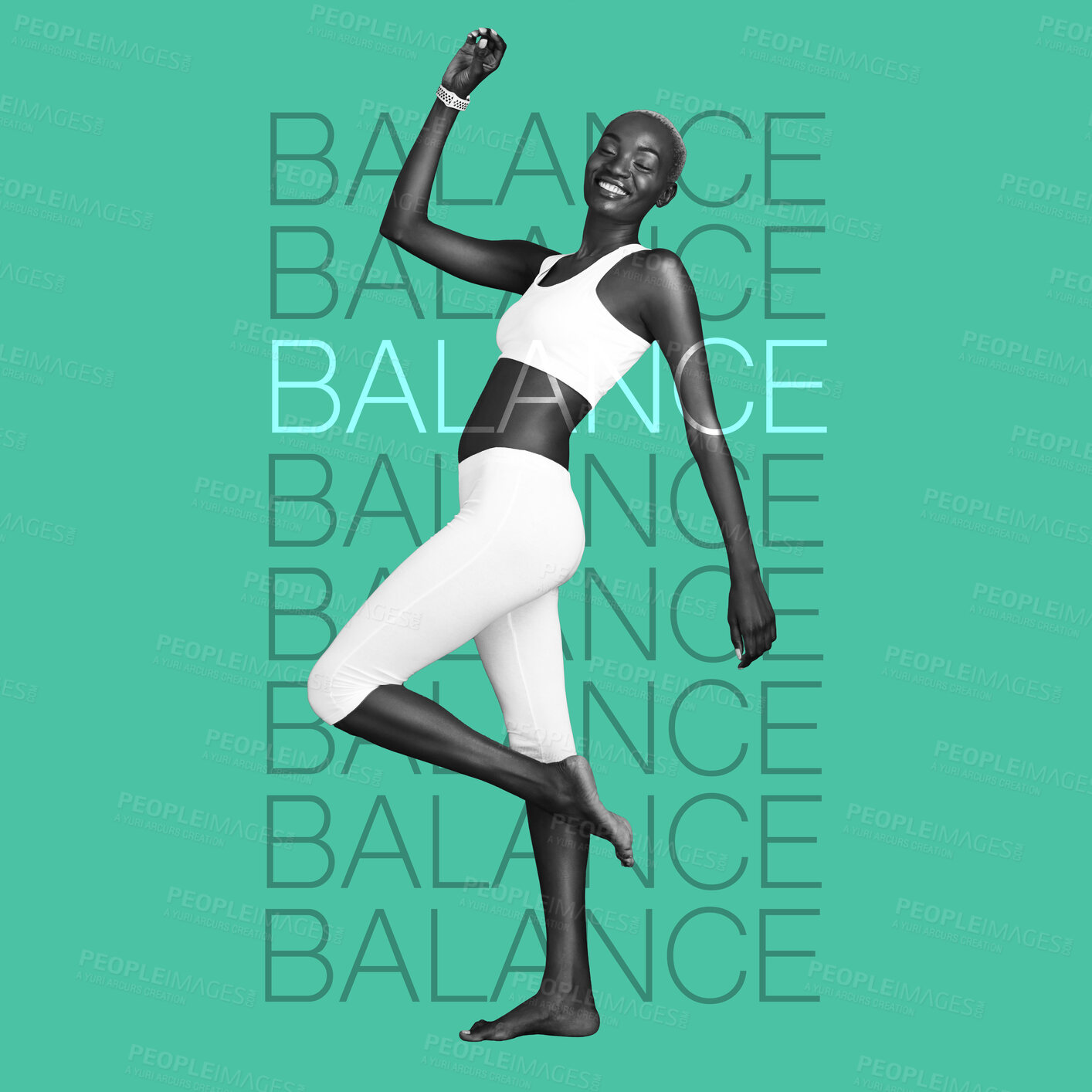 Buy stock photo Black woman, balance and fitness with motivation words, overlay and yoga, body care on inspirational poster on green background. Energy, exercise and pilates, happiness and workout with text