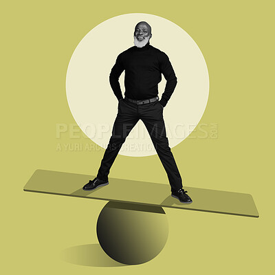 Buy stock photo Portrait, creative and balance with a black man in studio on a yellow background for abstract art. 3D, scale or illustration with a senior male standing on a balancing board and ball for artwork