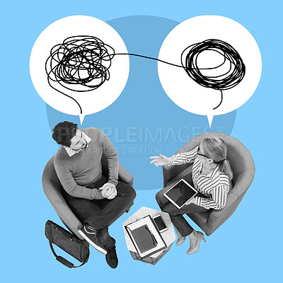 Buy stock photo Top view, business and employees with speech bubbles, confusion and discussion on blue studio background. Corporate, man and woman with disagreement, negotiation and planning for new project schedule