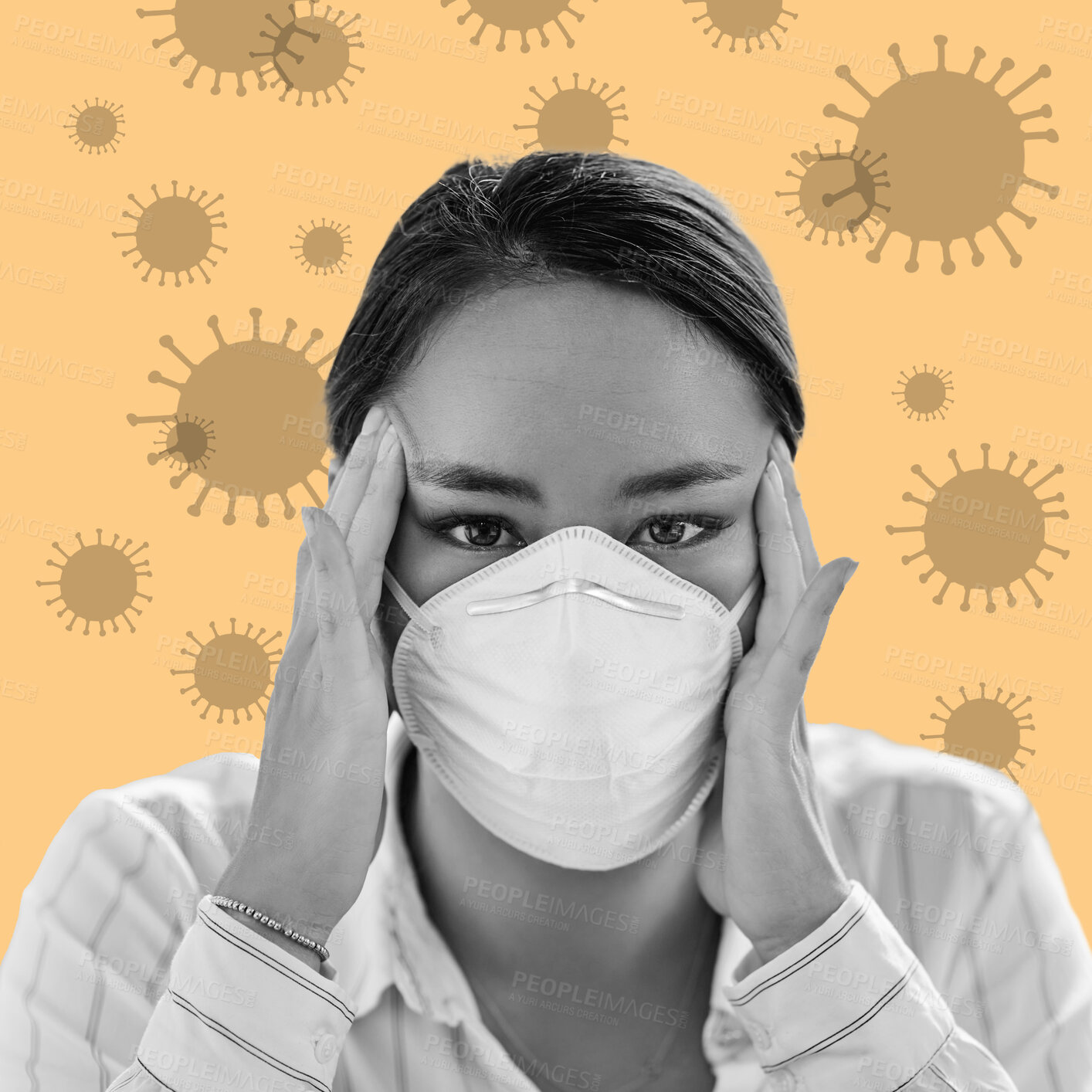 Buy stock photo Covid, sick and portrait of a woman with a wallpaper isolated on a studio background. Anxiety, stress and face of an Asian girl with a mask for a virus, regulations and overwhelmed on a backdrop
