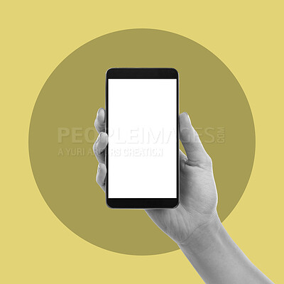 Buy stock photo Hands, phone and screen on mockup for advertising, marketing or branding logo against studio background. Hand of person holding smartphone with mock up display for social media or advertisement