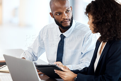 Buy stock photo Executive planning, black man and meeting with team, technology and strategy review in office. Financial advisor, investment management and corporate leader listen to feedback of business accounting