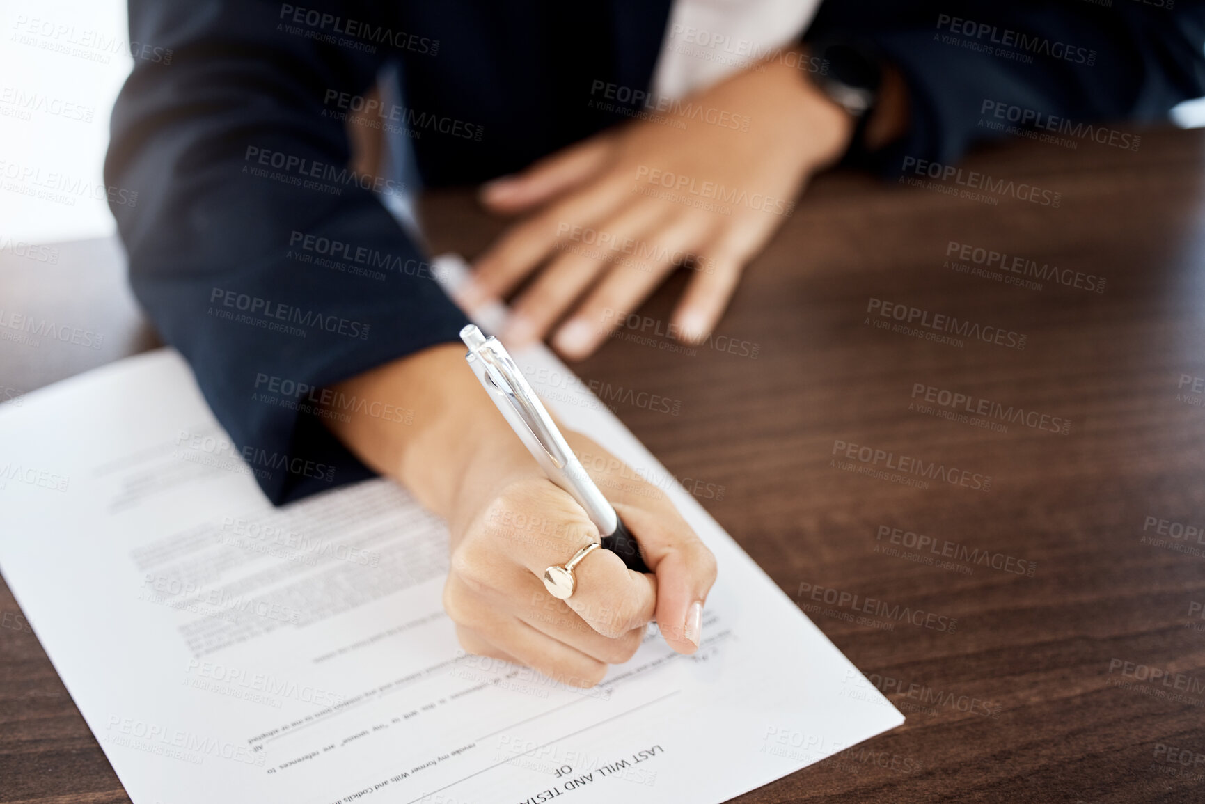 Buy stock photo Closeup, business and woman with pen, hands and contract for application, document and employee. Zoom, female and lady singing, planning and last will with entrepreneur, paperwork and startup company