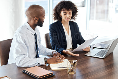 Buy stock photo Meeting, business and black people with documents for accounting budget, planning or company portfolio review. Teamwork, financial advisor and analysis of ideas, investment report or legal consulting