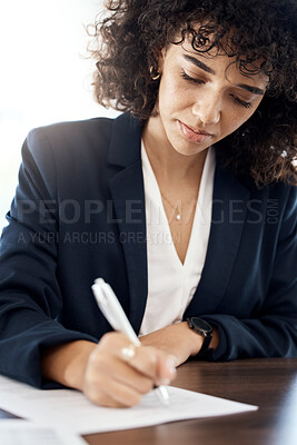Buy stock photo Paper, writing and woman lawyer in office with document, form and planning on white background space. Legal, firm and female write notes on information, schedule or reminder while working on a case
