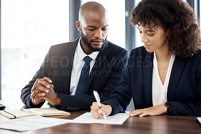 Buy stock photo Documents, business and black people writing notes for accounting strategy, planning and company portfolio review. Teamwork, financial advisor and analysis of contract, investment or legal consulting