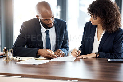 Buy stock photo Documents, business and black people planning with contract for accounting budget, company portfolio or review. Teamwork, financial advisor and analysis of notes, investment report or legal paperwork