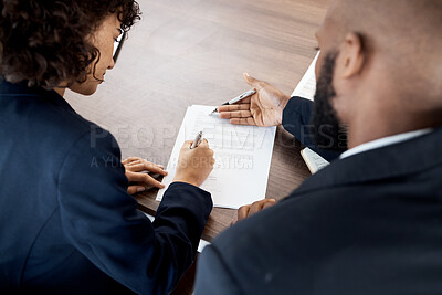 Buy stock photo Black people and business advisor with contract paperwork, review report and portfolio documents. Teamwork, consultant and meeting to sign executive analysis, planning legal collaboration and notes