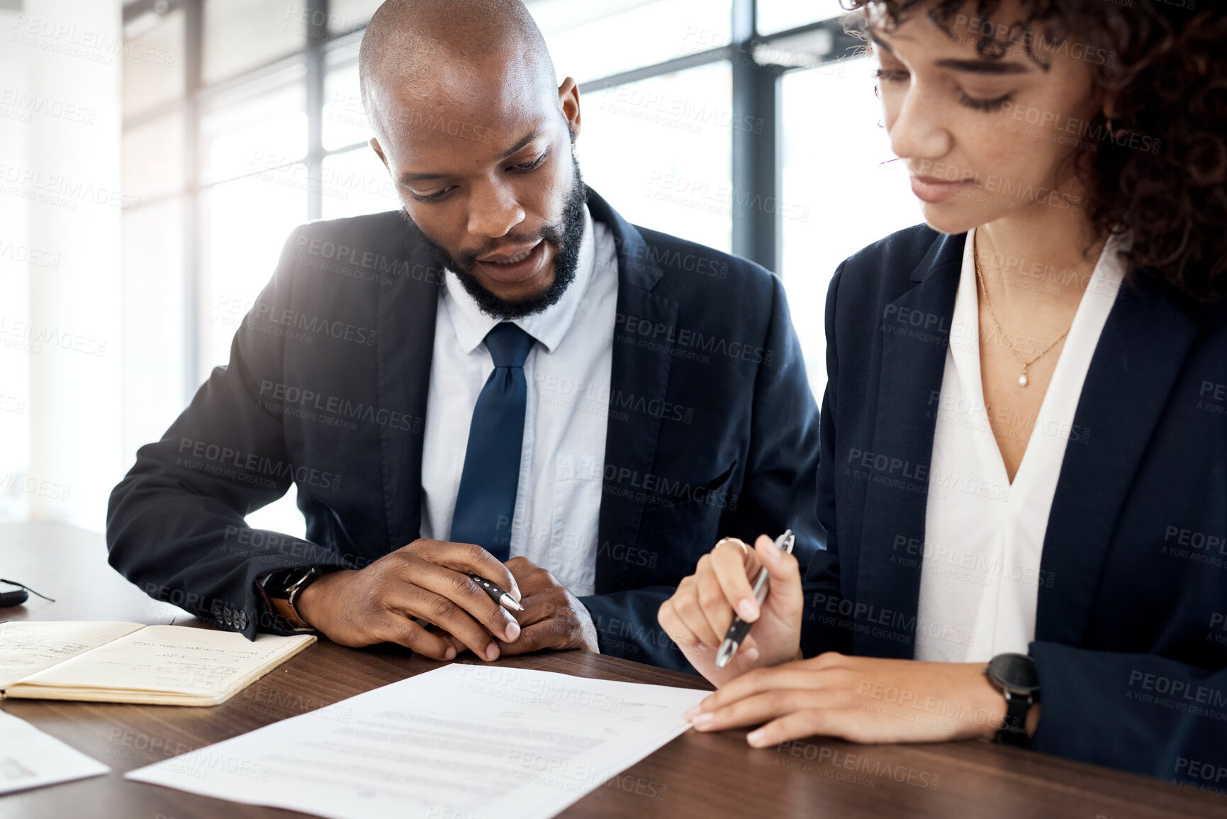 Buy stock photo Documents, business team and black people reading notes for accounting strategy, planning and company portfolio review. Meeting, analysis and executive office contract of legal corporate consulting 