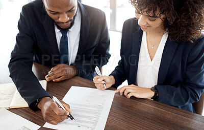 Buy stock photo Top view, business team and people with contract, reading notes and planning company strategy. Teamwork, financial consulting and analysis of documents, investment or legal paperwork of office review