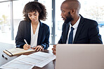 Lawyer, consultant and documents with a business team working on a desk in an office for growth. Contract, meeting or financial advisor with a man and woman employee at work in collaboration