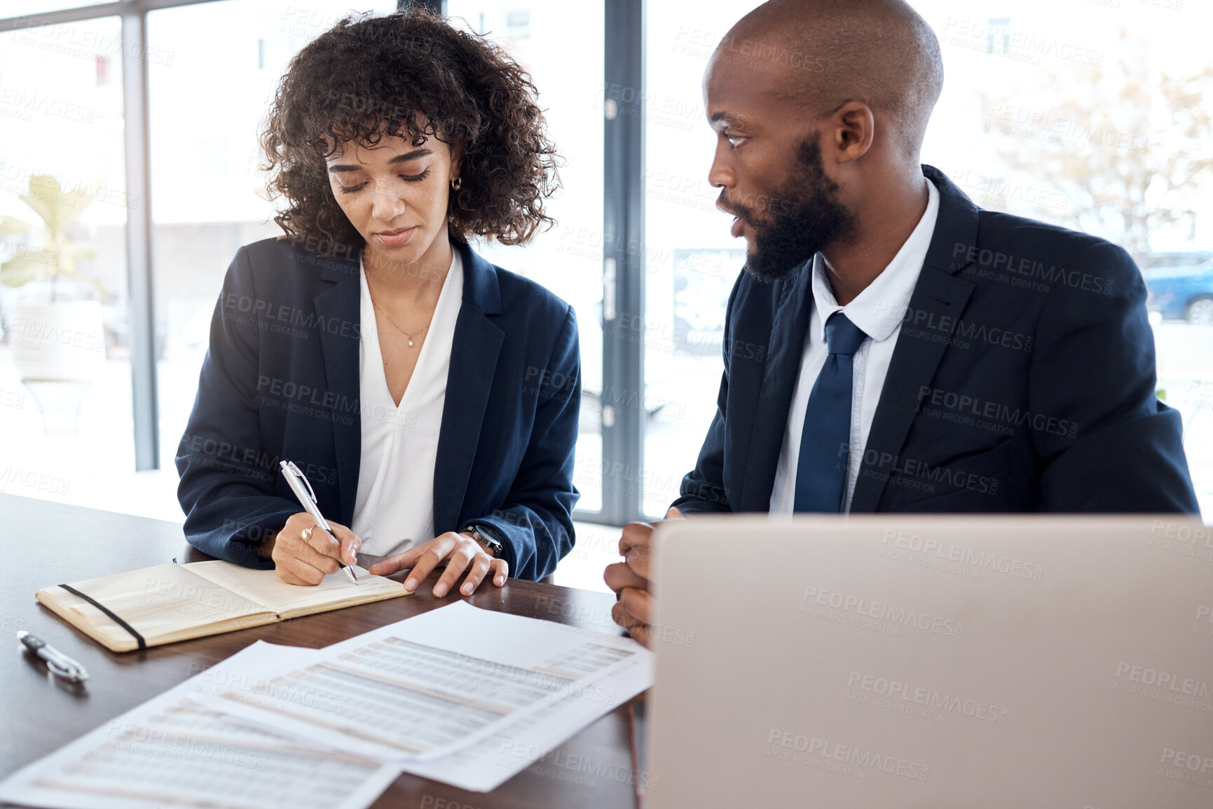 Buy stock photo Lawyer, consultant and documents with a business team working on a desk in an office for growth. Contract, meeting or financial advisor with a man and woman employee at work in collaboration