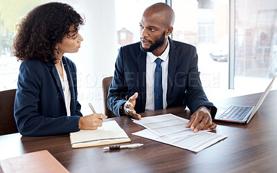 Buy stock photo Business, planning and black people meeting with documents, report and contract review in office. Financial advisor, investment management and corporate teamwork for feedback, b2b ideas and strategy